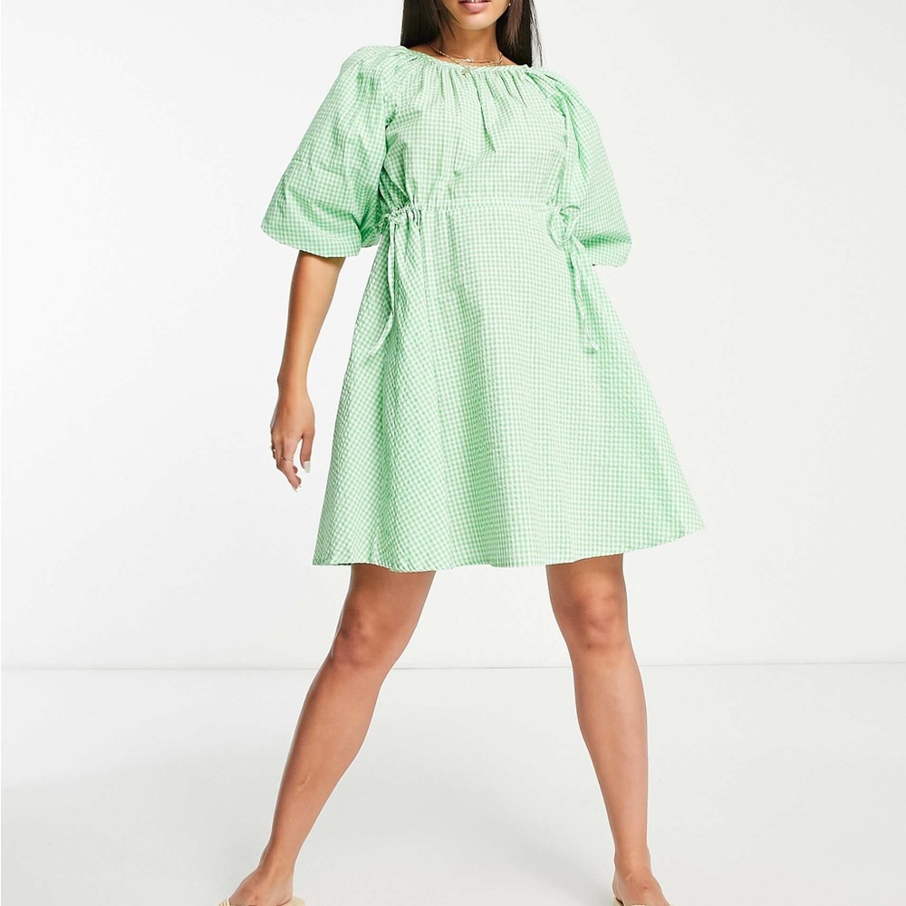 NWT Influence drawstring waist mini dress green gingham check Sz 14 Cottagecore
